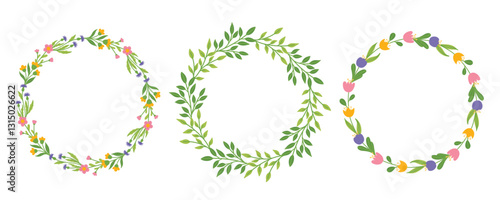 Set of spring wreaths with flowers and twigs