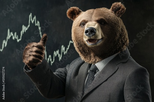 Bear in Business Suit Giving Thumbs Up with Stock Market Chart Background