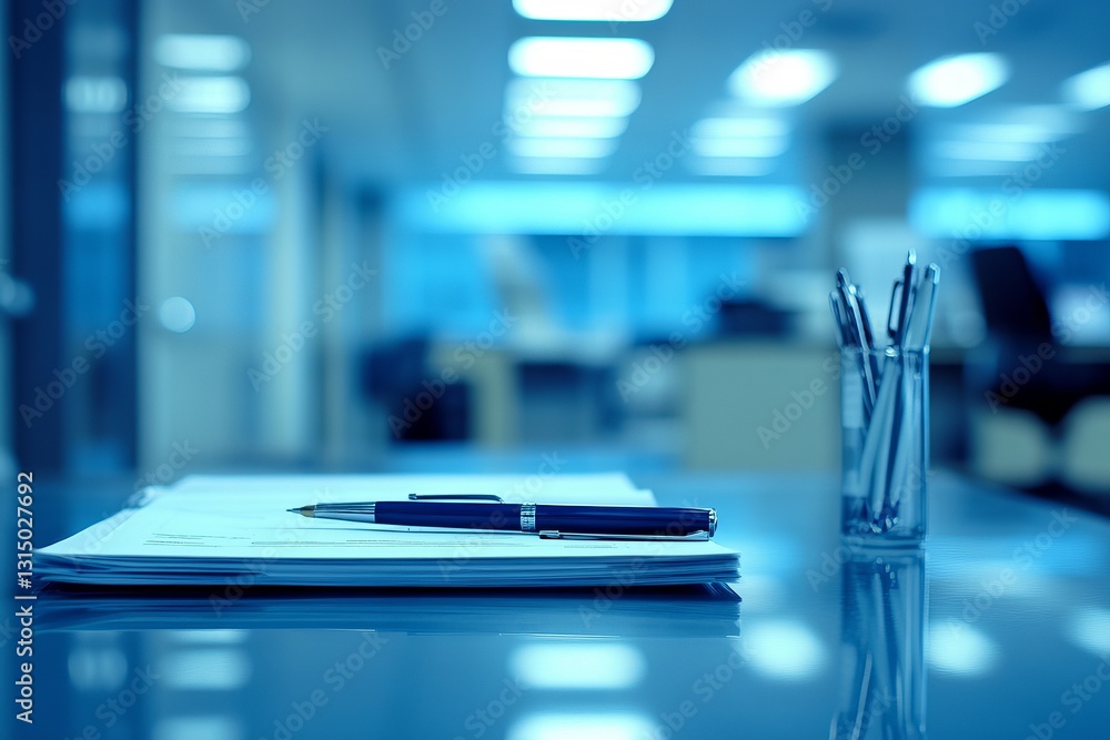 A desk with a pen and a pen holder on top of a stack of papers. The desk is in a room with blue lights A desk with a pen and a pen holder on top of a stack of papers. The desk is in a room with blue lights