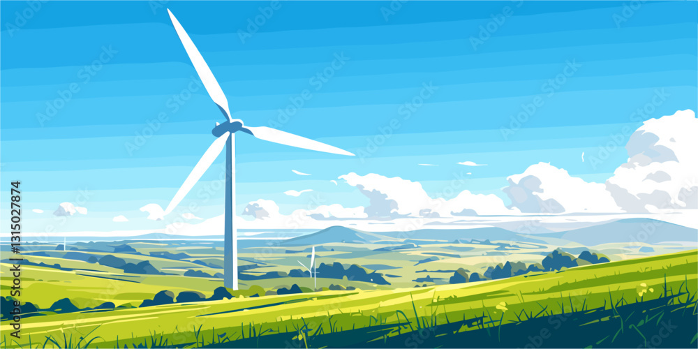 Eco-friendly energy icons set: flat vector style of wind turbines in green landscapes. Eco-friendly energy icons set: flat vector style of wind turbines in green landscapes.
