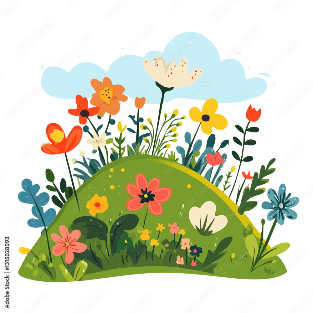 2D flat vector illustration springtime flowers blooming on a hill icon isolated on a white background.
2D flat vector illustration springtime flowers blooming on a hill icon isolated on a white background.