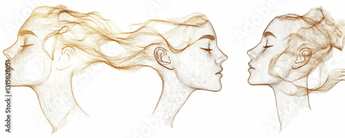 Linear flat icons set of stylized female profiles with flowing hair.