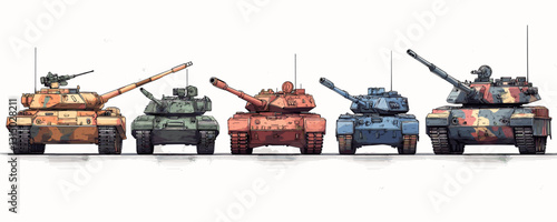 Flat military tanks icons set in linear style.