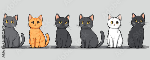 Cute flat vector icons set of cats in various colors, sitting in a line.