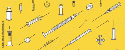 Flat linear medical syringe and vial icons set - vector style.