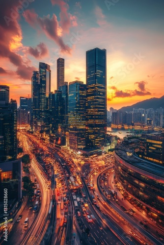 Beautiful aerial view captures a vibrant urban skyline at sunset. Traffic flows along winding roads below towering buildings, creating an energetic scene.
