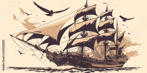 Vintage sailing ship vector in linear style - nautical icons set with birds and ocean waves.