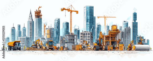Construction site vector icons set in flat style featuring urban skyscrapers and machinery.