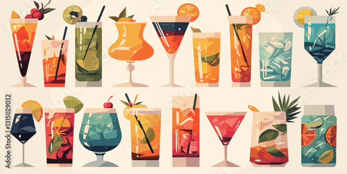 Colorful flat style cocktail icons set featuring various refreshing mixed drinks.