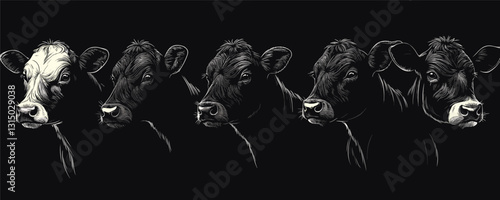 Cow heads icons set in flat style - vector image featuring detailed cattle portraits.