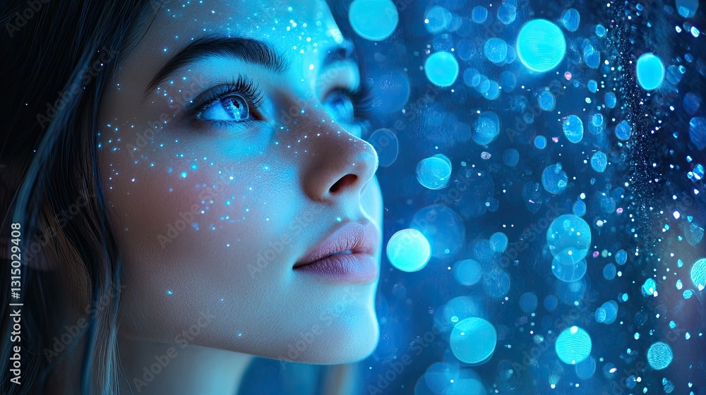 Woman bathed in blue glow, contemplating light spots. Woman bathed in blue glow, contemplating light spots.