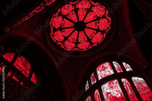 A red stained glass window with a red circle in the center. The window is in a building with a dark color scheme