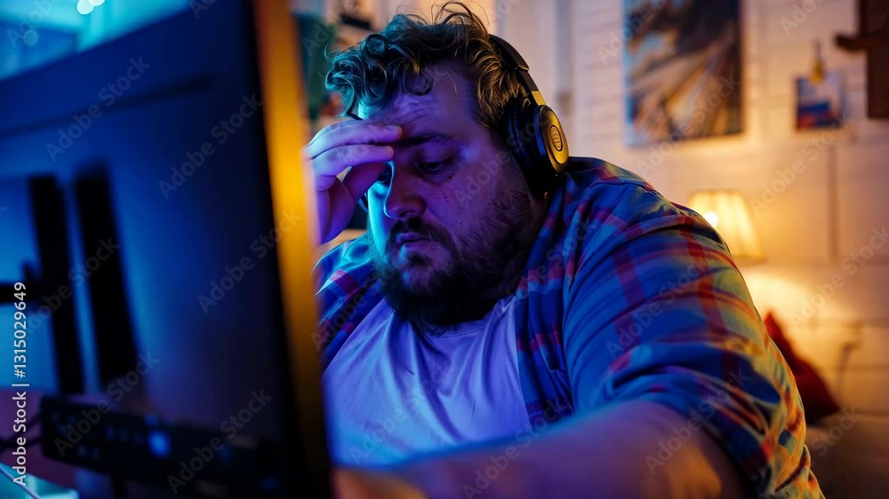 Extreme obese man with headphones sitting at a desk with a computer monitor facing addiction 4K Extreme obese man with headphones sitting at a desk with a computer monitor facing addiction 4K