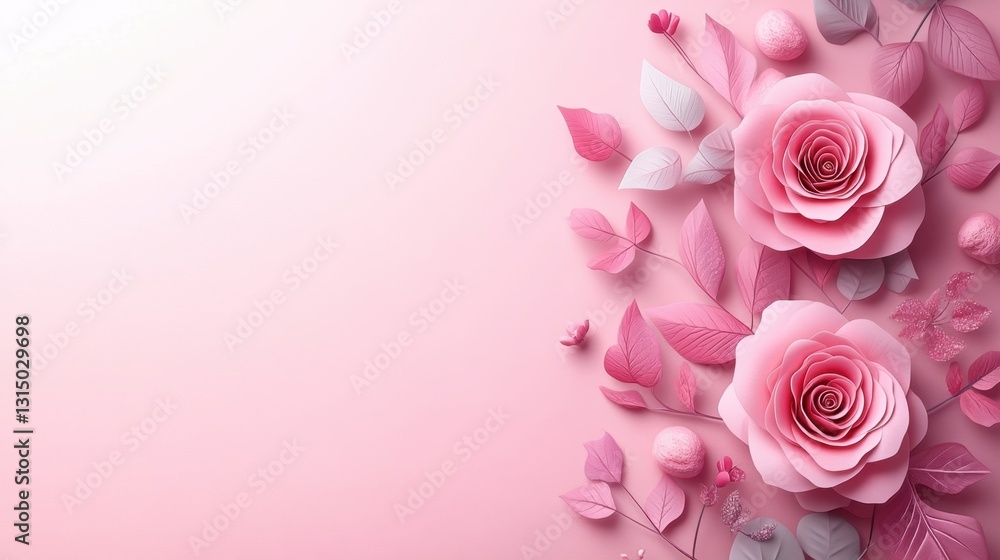 Elegant pink floral arrangement with roses and leaves on a soft background for romantic occasions and spring celebrations Elegant pink floral arrangement with roses and leaves on a soft background for romantic occasions and spring celebrations