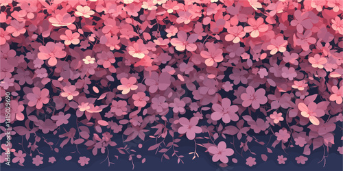 Floral icons set in flat style - vector image of pink blossoms on dark background.