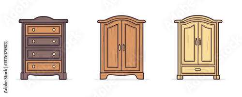 Flat linear wardrobe and dresser icons set - stylish wooden furniture collection.