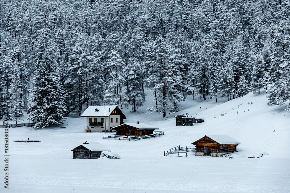 Ein Spaziergang durch den Tiefschnee in der Südtiroler Region am Berggasthaus Pederü - Südtirol - Italien