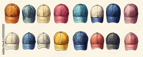 Flat vector icons set of colorful baseball caps in linear style.