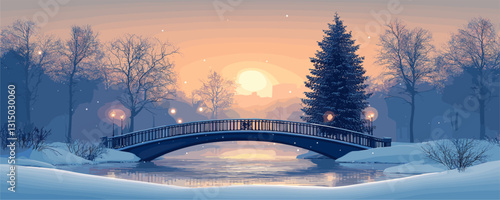 Winter wonderland icons set in flat vector style: snowy bridge, trees, and sunset.