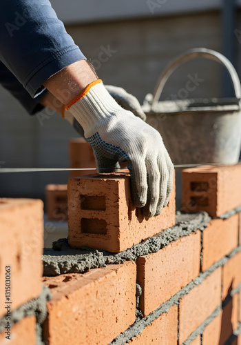 Construction worker's hands placing red bricks with fresh cement on a brick wall.