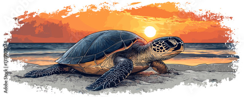 Flat icons set: vector design of sea turtle on beach with sunset background.