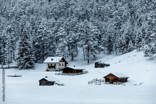 Obraz na płótnie Ein Spaziergang durch den Tiefschnee in der Südtiroler Region am Berggasthaus Pederü - Südtirol - Italien w salonie