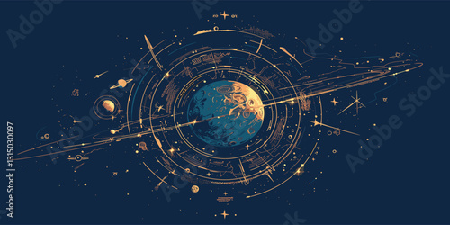 Linear flat icons set of space elements with cosmic designs and star patterns.