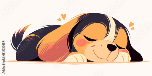 Flat vector icons set of cute sleeping dog with heart accents in peaceful pose.