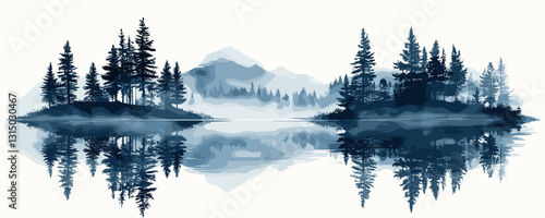 Flat vector nature icons set: scenic mountain lake and forest reflection.