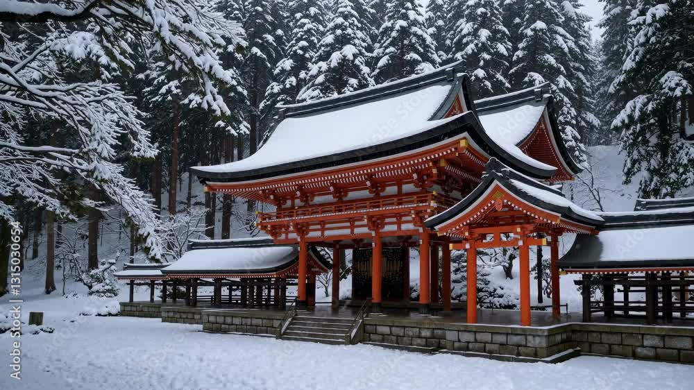 A serene winter scene of a traditional Japanese temple covered in snow, captured from a low angle, ideal for a tranquil video backdrop. A serene winter scene of a traditional Japanese temple covered in snow, captured from a low angle, ideal for a tranquil video backdrop.