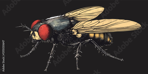 Detailed vector flat icons set of housefly with realistic features and colorful elements.