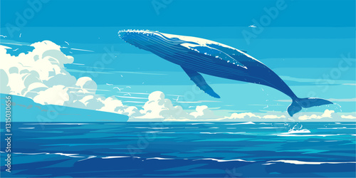 Flat style ocean and marine life icons set featuring breaching whale in vector artwork.