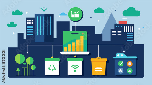 The data overlay showcased the citys smart waste management system which optimized routes for garbage collection and displayed realtime fill levels of trash bins.. Vector illustration