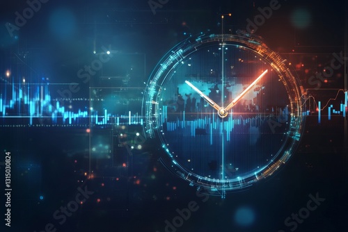 A clock with a blue background and red hands. The clock is set at 12:00. The background is filled with a lot of dots and lines, giving the image a busy and chaotic appearance