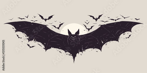 Flat style bats vector icons set with full moon and flying bats silhouette.