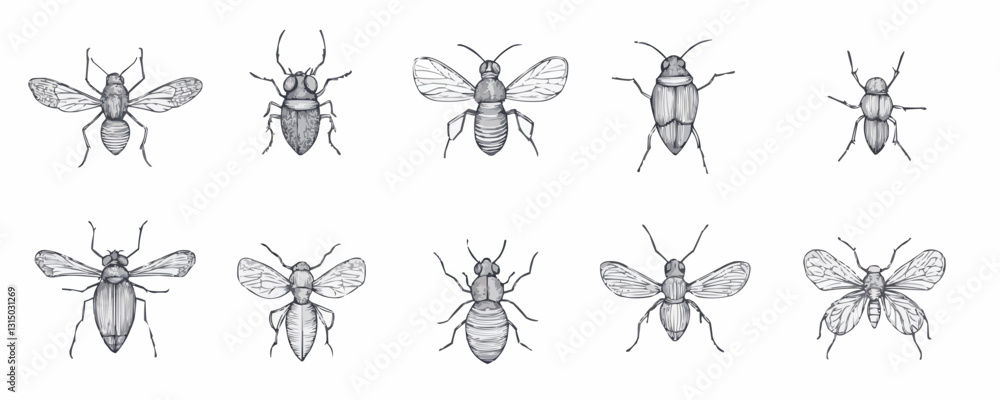 Flat linear insect icons set with various bug illustrations. Flat linear insect icons set with various bug illustrations.
