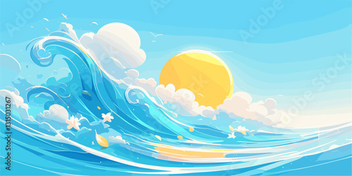 Flat style sun and ocean waves icons set – vector art with clouds and birds.