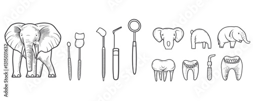 Linear dental and elephant themed icons set - flat vector style.
