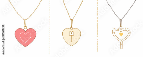Flat heart necklace icons set - vector style jewelry designs.