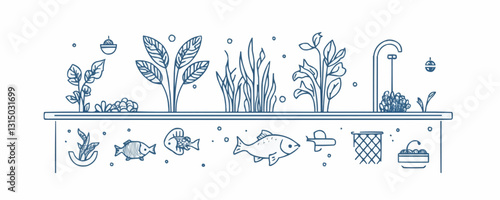 Flat linear aquaponics icons set including fish, plants, system elements.