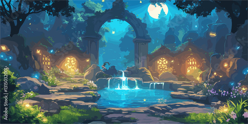Enchanted garden at dusk vector icons set in flat style with moonlit waterfall and fireflies.