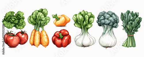 Flat vegetable icons set: vibrant collection of healthy produce in linear style.