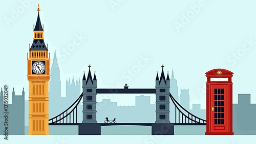 Iconic London Landmarks: A vibrant illustration showcasing the majestic Big Ben, the elegant Tower Bridge, and a classic telephone box.