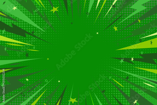 Green comic book background. Modern creative pop art halftone style background with stars and decorative circles