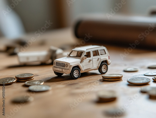 A highly precise, layered miniature white paper model of an off-road car, standing on a wooden table alongside metal coins of unclear origin.
