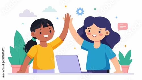 Two young girls excitedly highfive each other as they finally crack the code on a particularly tricky programming challenge.. Vector illustration