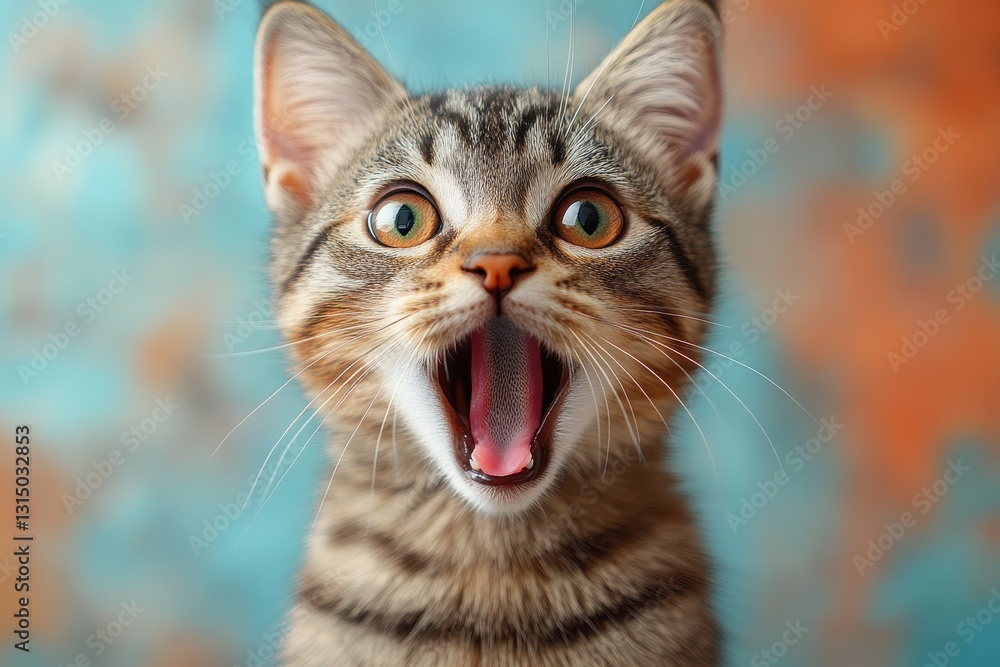 Obraz premium Playful tabby kitten expressing joy with wide-open mouth against a colorful background