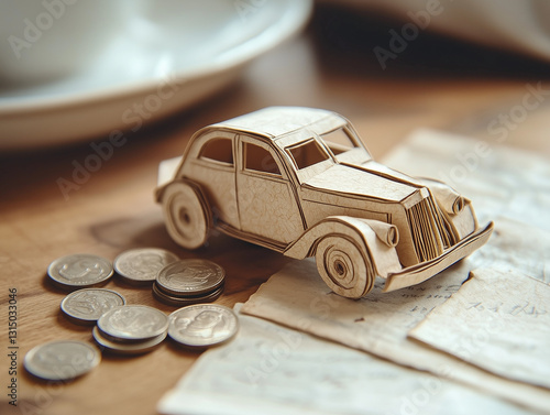 A precision paper model of a vintage car stands on a wooden table. Handwritten notes are on the papers. Unspecified metal coins are scattered around.
