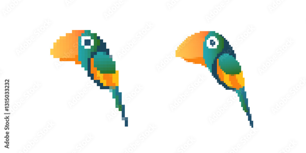 Fototapeta premium Two pixel art parrots with colorful feathers show a simple and vibrant digital design style.