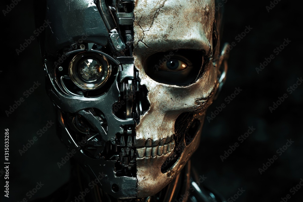 Fototapeta premium A close up of a person's face with a skull on the right side. The skull is made of metal and has a mechanical look to it